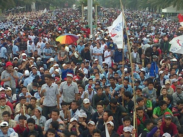 Workers at an assembly point at Day 2 of strike.